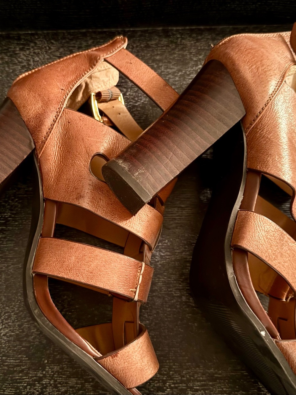 Steve Madden Copper Brown Leather Strappy Block 5” Heel Gladiator Sandals